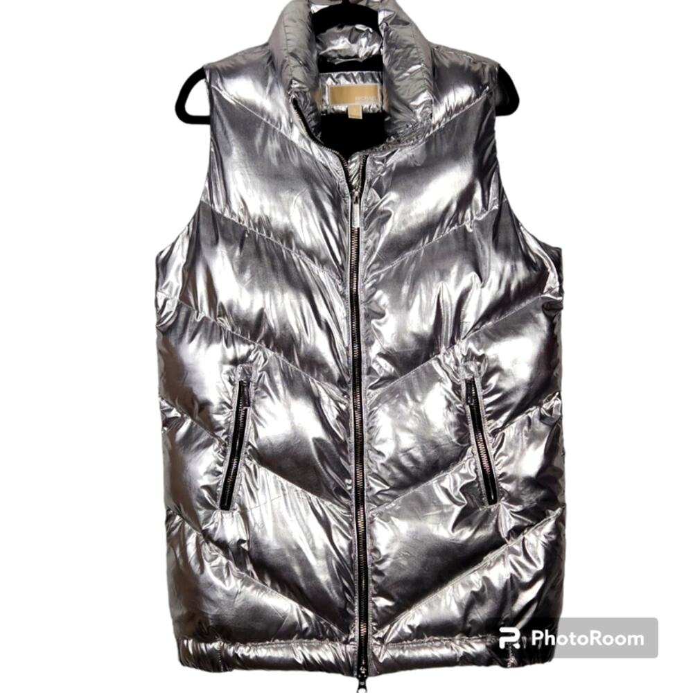 Michael Kors Silver Metallica Long Puffer Vest SZ S